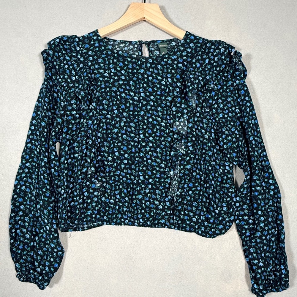 Wild Fable Blue Floral Ruffle Long Sleeve Crop Top Boho Blouse